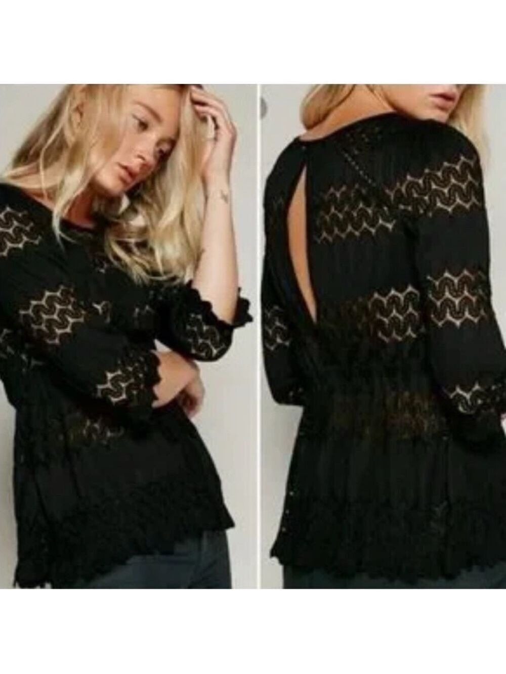 Free People Fire Island Cinch Top Black embroidery/ Lace Details No side tag (s)